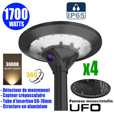 Pack de 4x Lampes d'extérieur solaires - Série OVNI EVO - 1700 watts - 5100 Lumens - Angle 360° - IP65 - 54 x 20 cm - Panneau solaire monocristallin - Structure aluminium - Tube d'insertion 76mm - Détecteur de mouvement - 3000k