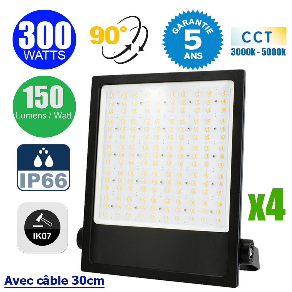 Pack de 4x Projecteurs LED filaires - CITY PLUS V3 - 300 Watts - CCT 3000k/4000k/5000k - 45 000 Lumens - 150 Lumens/Watt - Angle 90° - IP66 - Protection à l'impact IK07 - 48 x 34 x 6 cm - Structure en ALUMINIUM - Câble 30cm - Garantie 5 ans