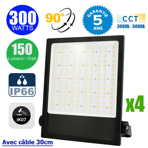 Pack de 4x Projecteurs LED filaires - CITY PLUS V3 - 300 Watts - CCT 3000k/4000k/5000k - 45 000 Lumens - 150 Lumens/Watt - Angle 90° - IP66 - Protection à l'impact IK07 - 48 x 34 x 6 cm - Structure en ALUMINIUM - Câble 30cm - Garantie 5 ans