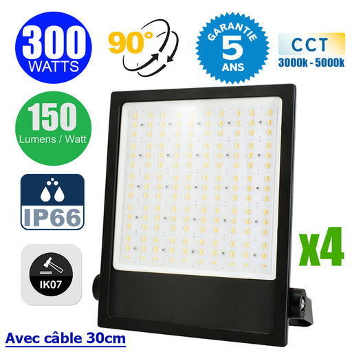 Pack de 4x Projecteurs LED filaires - CITY PLUS V3 - 300W - CCT 3000k/4000k/5000k - 45 000 Lumens - 150 Lumens/Watt - Angle 90° - IP66 - Protection à l'impact IK07 - 48 x 34 x 6 cm - Structure en ALUMINIUM - Câble 30cm - Garantie 5 ans