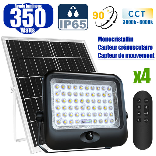 Pack de 4x Projecteurs LED solaires - Série SECURITY V4 - CCT - Rendu lumineux 350 Watts - 3200 Lumens - Angle 90° - IP65 - Lampe 28 x 22 x 5 cm - Panneau MONOCRISTALLIN FULL BLACK 35 x 24 x 2 cm - Avec détecteur de mouvement - Avec télécommande