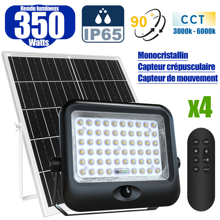 Pack de 4x Projecteurs LED solaires - Série SECURITY V4 - CCT - Rendu lumineux 350 Watts - 3200 Lumens - Angle 90° - IP65 - Lampe 28 x 22 x 5 cm - Panneau MONOCRISTALLIN FULL BLACK 35 x 24 x 2 cm - Avec détecteur de mouvement - Avec télécommande