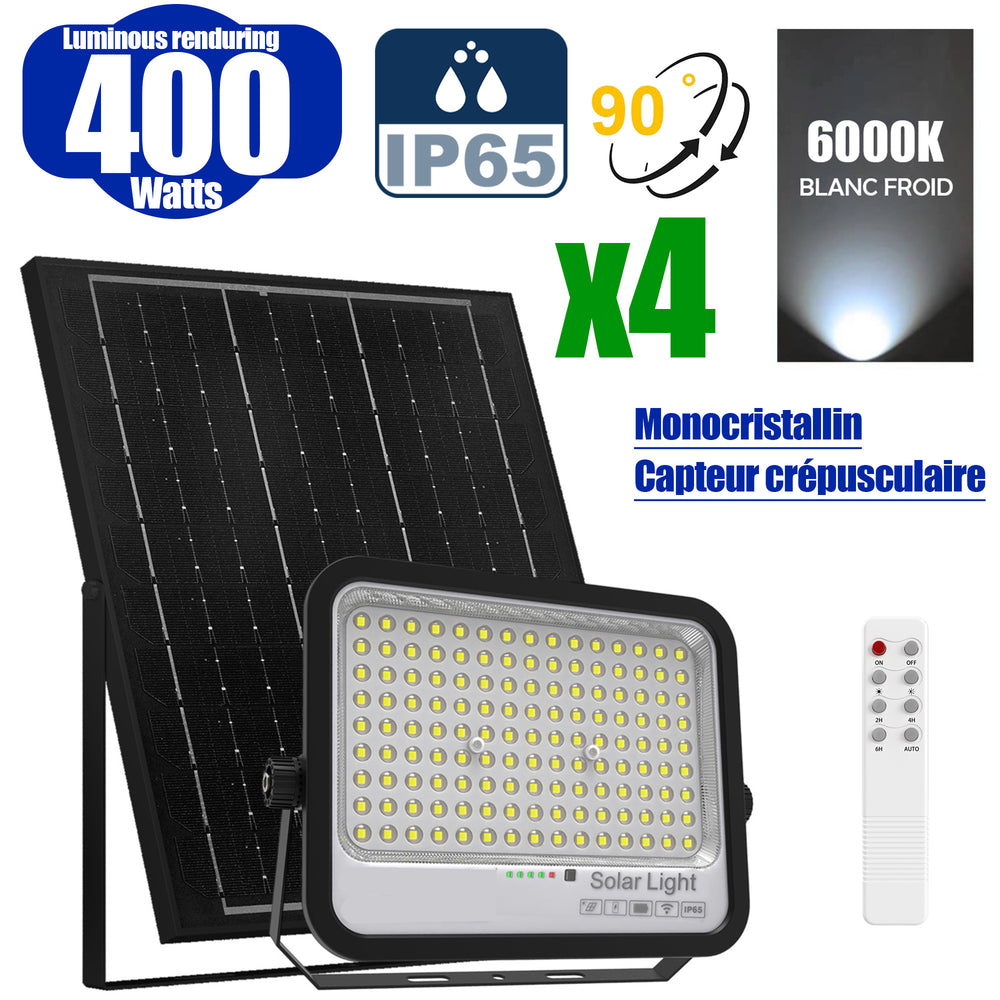 Pack de 4x Projecteurs LED solaires - Série PERFORMANCE - 400 Watts - 2100 Lumens - Angle 90° - IP65 - Lampe 25 x 20 x 5 cm - Panneau solaire 39 x 23 x 2 cm - MONOCRISTALLIN FULL BLACK - Télécommande - Capteur crépusculaire  - 6000k