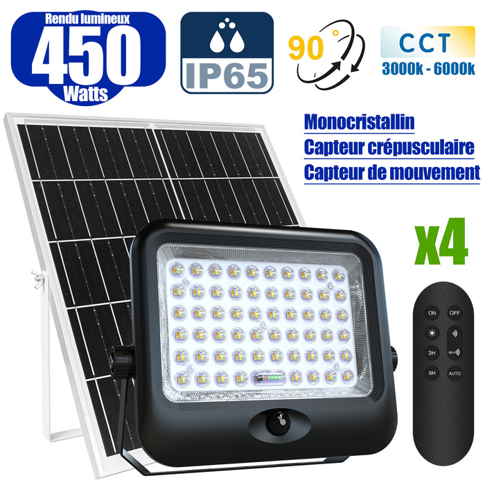 Pack de 4x Projecteurs LED solaires - Série SECURITY V4 - CCT - Rendu lumineux 450 Watts - 4800 Lumens - Angle 90° - IP65 - Lampe 28 x 22 x 5 cm - Panneau MONOCRISTALLIN FULL BLACK 35 x 35 x 2 cm - Avec détecteur de mouvement - Avec télécommande