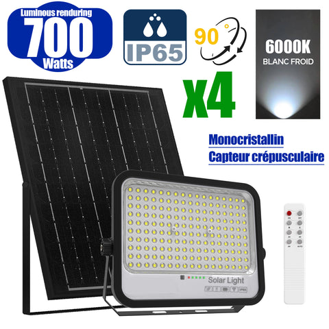 Pack de 4x Projecteurs LED solaires - Série PERFORMANCE - 700 Watts - 4000 Lumens - Angle 90° - IP65 - Lampe 32 x 26 x 5 cm - Panneau solaire 43 x 39 x 2 cm - MONOCRISTALLIN FULL BLACK - Télécommande - Capteur crépusculaire  - 6000k
