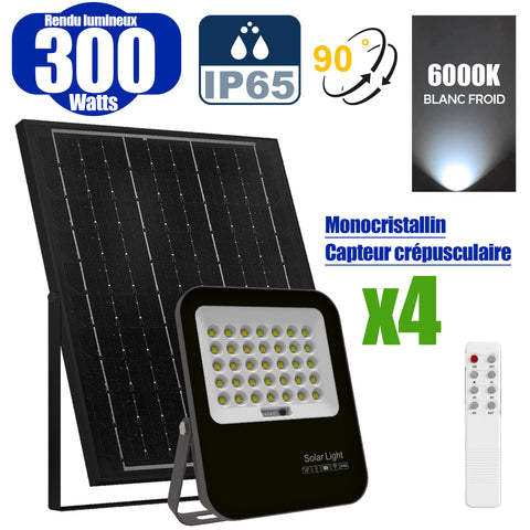 Pack de 4x Projecteurs LED solaires - Série BIG BOY V3 - 300 Watts - 1400 Lumens - 90° - IP65 - Lampe 23 x 19 x 5 cm - Modèle NOIR - Panneau solaire MONOCRISTALLIN FULL BLACK 21 x 30 x 2 cm - Télécommande - 6000k - Structure ALUMINIUM