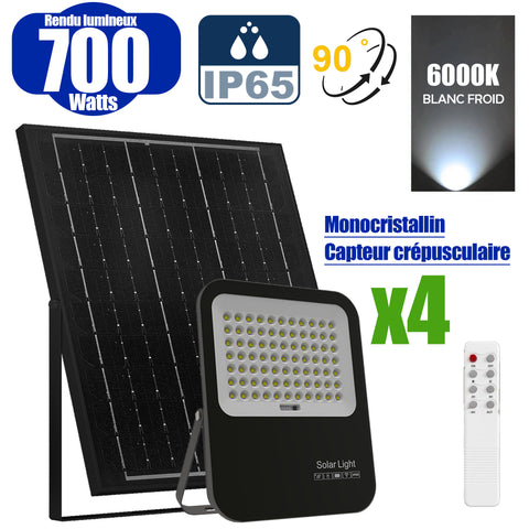 Pack de 4x Projecteurs LED solaires - Série BIG BOY V3 - 700 Watts - 4000 Lumens - 90° - IP65 - Lampe 33 x 28 x 5 cm - Modèle NOIR - Panneau solaire MONOCRISTALLIN FULL BLACK 43 x 39 x 2 cm - Télécommande - 6000k - Structure ALUMINIUM