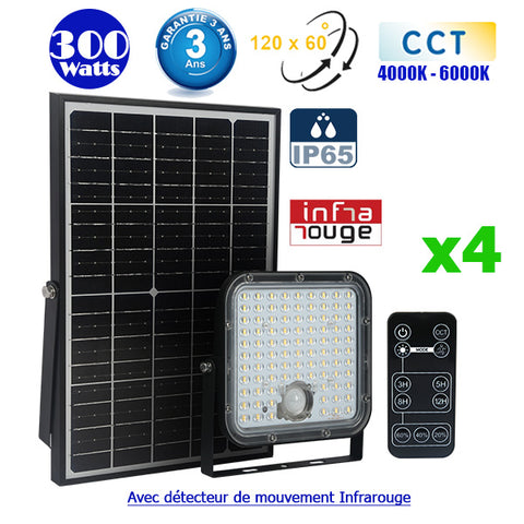 Pack de 4x Projecteurs LED solaires CCT (Couleur Changeante en Température) - Série SECURITY V1 - Rendu lumineux 300 Watts - 4800 lumens - Angle 120° x 60° - Lampe 20 x 19 x 5 cm - Panneau solaire monocristallin - Détecteur Infrarouge