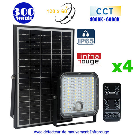 Pack de 4x Projecteurs LED solaires CCT (Couleur Changeante en Température) - Série SECURITY V1 - Rendu lumineux 300 Watts - 4800 lumens - Angle 120° x 60° - Lampe 20 x 19 x 5 cm - Panneau solaire monocristallin - Détecteur Infrarouge