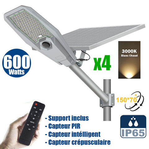 Pack de 4x Lampes de rue solaire - Série INTERSTELLAR ULTRA - 600 Watts - 3600 Lumens - Angle 150x70° - Lampe 62 x 30 x 8 cm - Panneau 67 x 45 cm - Controleur intelligent - Avec télecommande - Capteur PIR - 3000k - Support inclus - Capteur crépusculaire