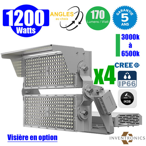 Pack de 4x Projecteurs hautes puissances LED de stade filaire - Série EVOLUTION V2 - 1200 Watts - 204 000 Lumens - 170 Lumens/Watt - Angle 20° / 30° / 60° / 90° / MBP20 / MLP30 / MBP45 / MBP70 au choix - 3000K à 6500K - Visière en option - Garantie 5 ans