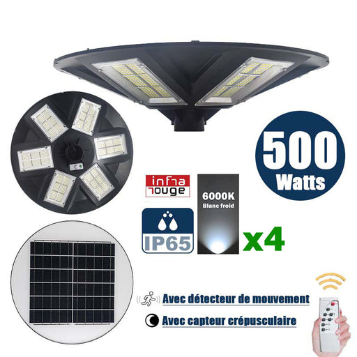 Pack de 4x Lampes solaires pour extérieur - Série OVNI - Version HERCULE 500 - Rendu lumineux 500 Watts - 2200 lumens - Angle 360° - Tube d'insertion 60/76mm - Avec détecteur de mouvement – Capteur crépusculaire - Avec télécommande - 6000k