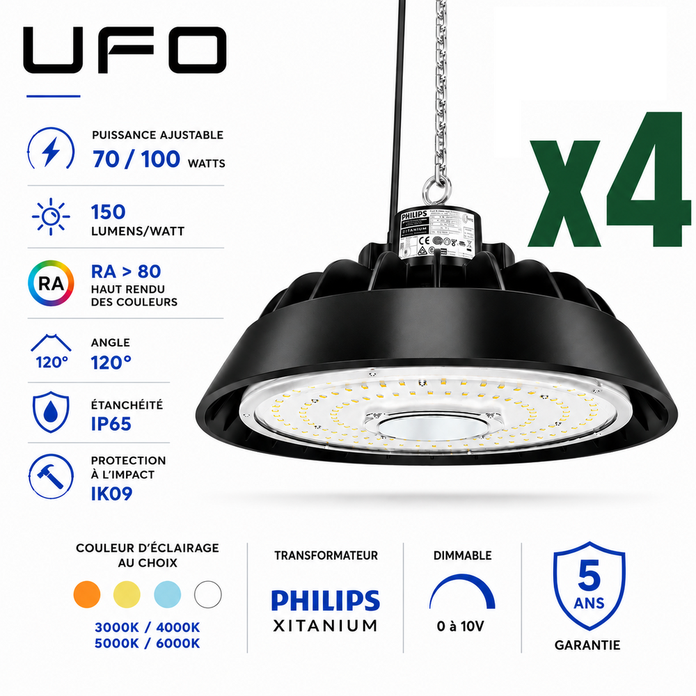 Pack de 4x Lampes industrielles UFO - Série LIGHT V3 - Puissance ajustable 70 / 100 Watts - 15 000 Lumens - 150 Lumens/Watt - Angle 120° - IP65 - IK09 - 238 x 122 mm - Dimmable 0-10V - Transformateur PHILIPS - Garantie 5 ans