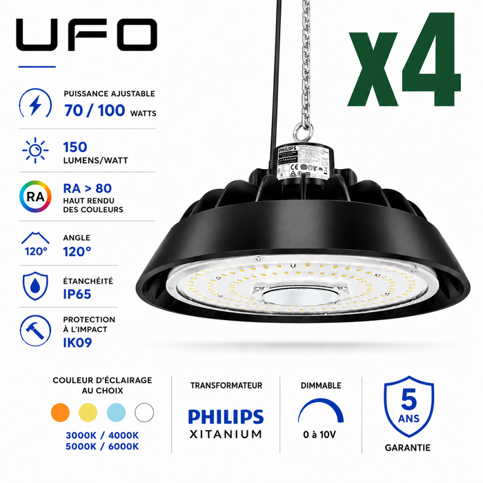 Pack de 4x Lampes industrielles UFO - Série LIGHT V3 - Puissance ajustable 70 / 100 Watts - 15 000 Lumens - 150 Lumens/Watt - Angle 120° - IP65 - IK09 - 238 x 122 mm - Dimmable 0-10V - Transformateur PHILIPS - Garantie 5 ans