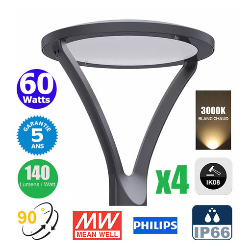 Pack de 4x Lampes de jardin et parking filaires - Série OVALI ULTRA - 60 Watts - 8400 Lumens - 140 Lumens/Watt - IP66 - IK08 - Angle 90°- 54 x 42 x 42 cm - Tube d'insertion 60-80mm - 3000k - Plaque diffuseur Kerafyrm - Garantie 5 ans
