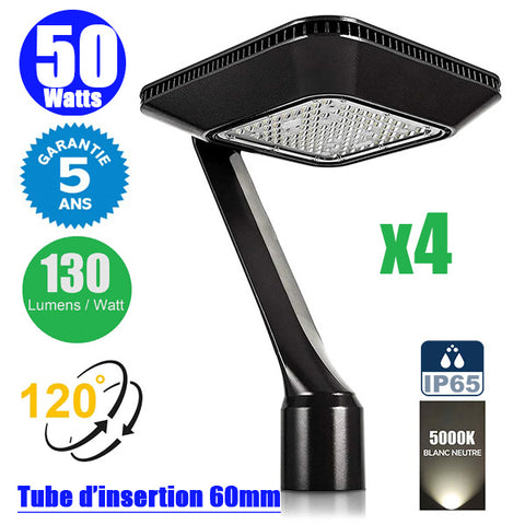 Pack de 4x Lampes de jardin / Parking - Filaire - Série OVALI ALEN - 50 Watts - 6500 Lumens - 130 Lumens/watt - IP65 - 120° ajustable - 34 x 29 x 24 cm - 5000K - Structure en ALUMINIUM - Tube d’insertion 60mm - Garantie 5 ans