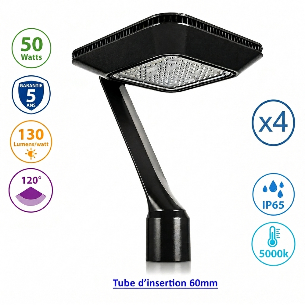Pack de 4x Lampes de jardin / Parking - Filaire - Série OVALI ALEN - 50 Watts - 6500 Lumens - 130 Lumens/watt - IP65 - 120° ajustable - 34 x 29 x 24 cm - 5000K - Structure en ALUMINIUM - Tube d’insertion 60mm - Garantie 5 ans