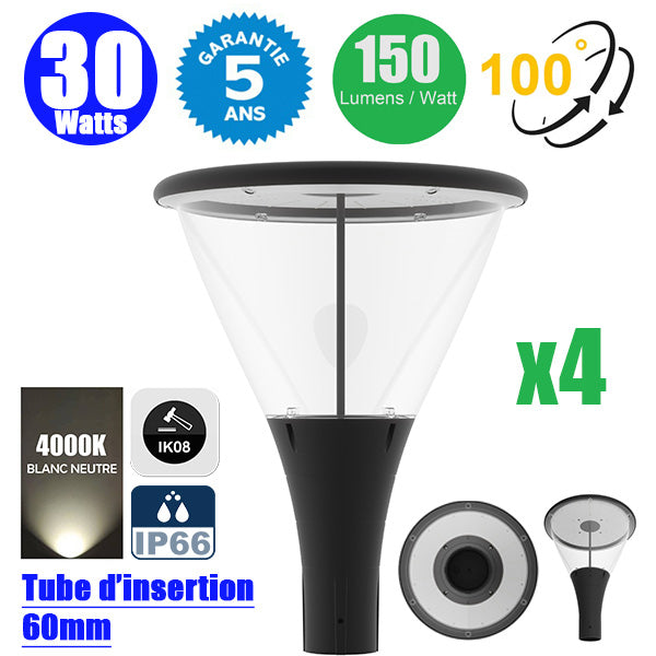 Pack de 4x Lampes de jardin / Parking - Filaire - Série OVALI GARDEN - 30 Watts - 4500 Lumens - 150 Lumens/Watt - Angle 100° - IP66 - IK08 - 57 x 45 cm - 4000K  - Tube d’insertion 60mm - Garantie 5 ans