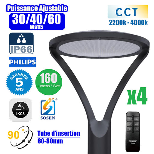 Pack de 4x Lampes de jardin filaires - OVALI ULTRA CCT - Puissance ajustable 30 / 40 / 60 Watts - Jusqu'à 9600 Lumens - 160 Lumens/Watt - IK08 - IP66 - Angle 90° - Tube d’insertion 60 / 80mm - Transformateur SOSEN - 54 x 42 x 42 cm - Garantie 5 ans