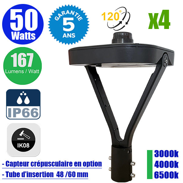 Pack de 4x Lampes de jardin et parking filaires - Série OVALI V3 - 50 Watts - 8350 Lumens - 167 Lumens/watt - IK08 - IP66 - 120° ajustable - 3000k/4000k/6500k au choix - Tube d’insertion 48 / 60mm - Capteur crépusculaire en option - Garantie 5 ans