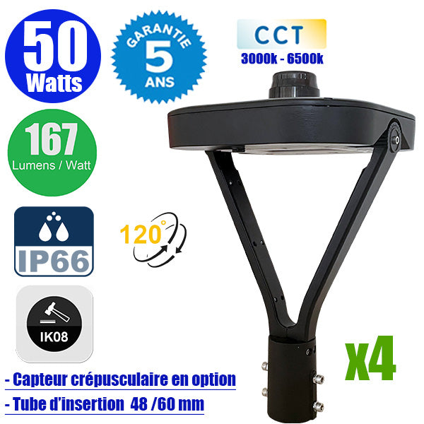 Pack 4x Lampes de jardin et parking filaires CCT - Série OVALI V3 - 50 Watts - 8350 Lumens - 167 Lumens/watt - IK08 - IP66 - 120° ajustable - 44 x 30 x 30 cm - Tube d’insertion 48 / 60mm - Capteur crépusculaire en option - Garantie 5 ans