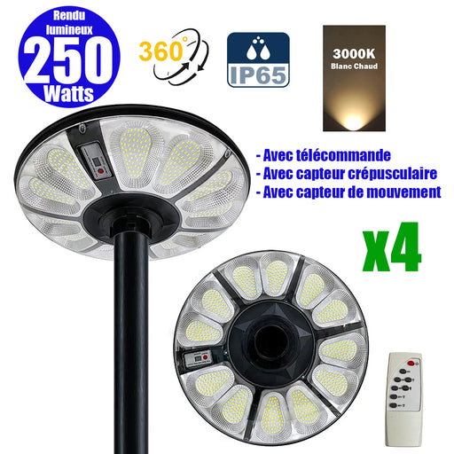 Pack de 4x Lampes solaires pour extérieur - Série OVNI CRYSTAL - 250 Watts - 1500 Lumens - Angle 360° - IP65 -  Lampe 55 x 55 x 6 cm - Tube d'insertion 60/76 mm - Panneau polycristallin 36 x 42 cm - Détecteur de mouvement - Télécommande - 3000k