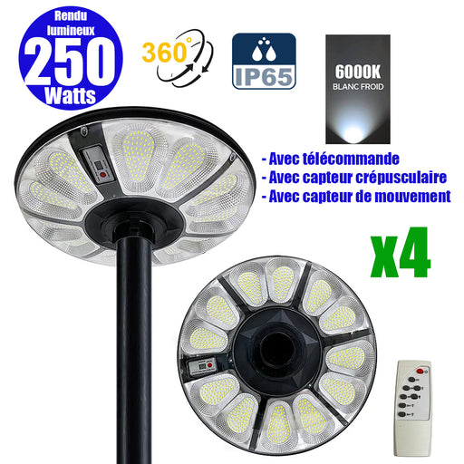 Pack de 4x Lampes solaires pour extérieur - Série OVNI CRYSTAL - 250 Watts - 1500 Lumens - Angle 360° - IP65 -  Lampe 55 x 55 x 6 cm - Tube d'insertion 60/76 mm - Panneau polycristallin 36 x 42 cm - Détecteur de mouvement - Télécommande - 6000k