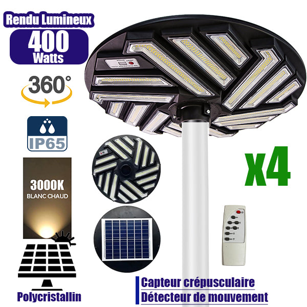 Pack de 4x Lampes solaires pour extérieur - Série OVNI EMERAUDE -  400 Watts - 2300 Lumens - Angle 360° - IP65 - Lampe 61 x 61 cm - Panneau polycristallin 48 x 35 cm - Tube d'insertion 60/76 mm - Détecteur de mouvement - Télécommande - 3000k