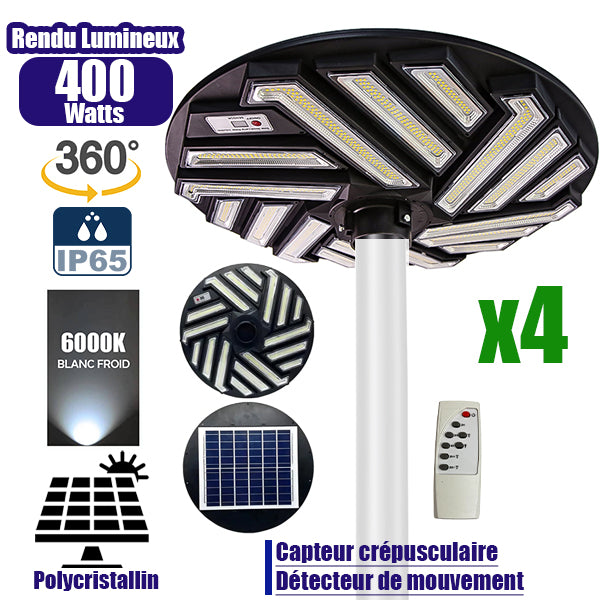 Pack de 4x Lampes solaires pour extérieur - Série OVNI EMERAUDE -  400 Watts - 2300 Lumens - Angle 360° - IP65 - Lampe 61 x 61 cm - Panneau polycristallin 48 x 35 cm - Tube d'insertion 60/76 mm - Détecteur de mouvement - Télécommande - 6000k