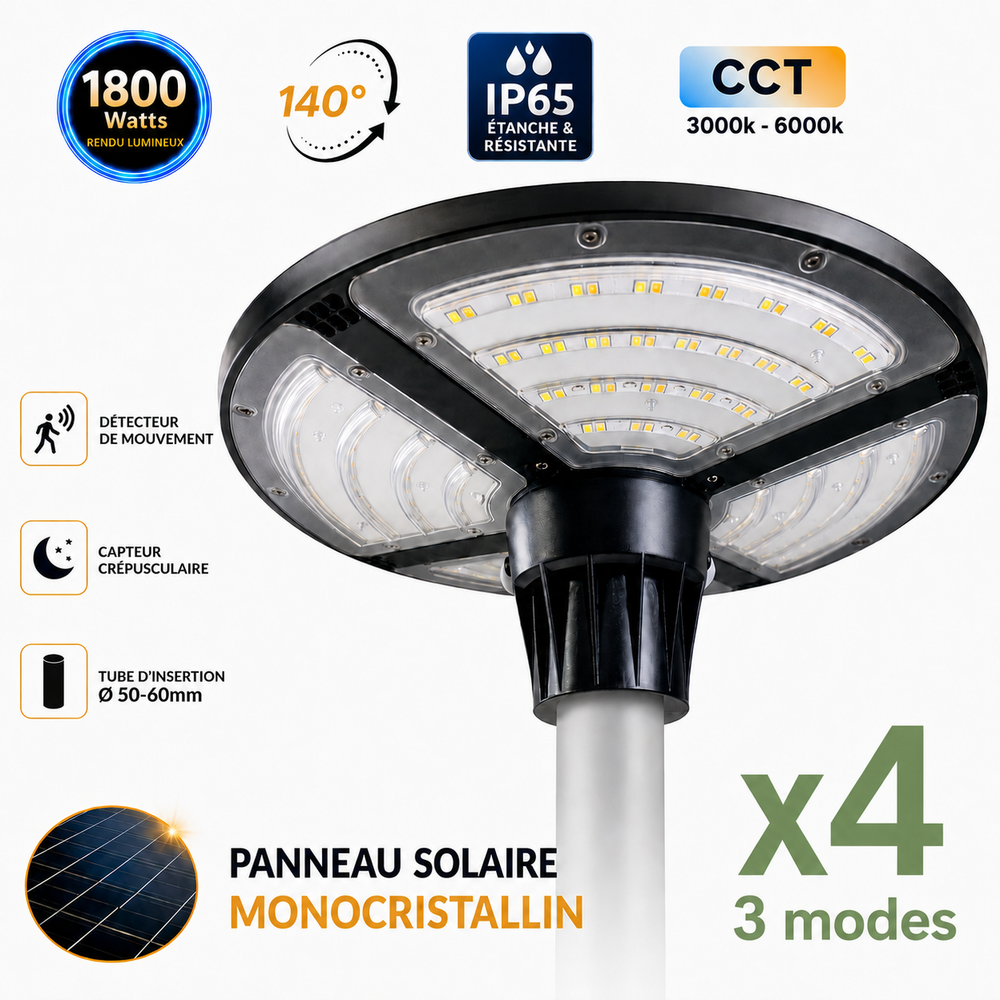 Pack de 4x Lampes solaires pour extérieur - Série OVNI FUTUR V3 - MODULAIRE & CCT - 1800 Watts - 4800 Lumens - IP65 - Angle 140° - 40 x 14 cm - Panneau MONOCRISTALLIN - Tube d'insertion 50-60mm - Avec Détecteur de mouvement - Avec Télécommande