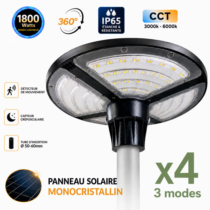 Pack de 4x Lampes solaires pour extérieur - Série OVNI FUTUR V3 - MODULAIRE & CCT - 1800 Watts - 4800 Lumens - IP65 - Angle 360° - 40 x 14 cm - Panneau MONOCRISTALLIN - Diamètre tube d'insertion 50-60mm - Avec Détecteur de mouvement - Avec Télécommande