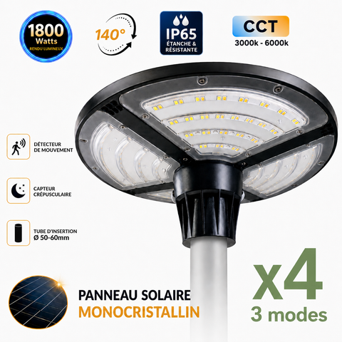 Pack de 4x Lampes solaires pour extérieur - Série OVNI FUTUR V3 - MODULAIRE & CCT - 1800 Watts - 4800 Lumens - IP65 - Angle 140° - 40 x 14 cm - Panneau MONOCRISTALLIN - Tube d'insertion 50-60mm - Avec Détecteur de mouvement - Avec Télécommande