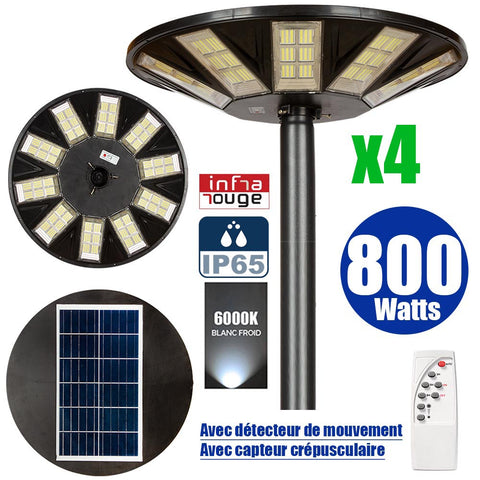 Pack de 4x Lampes solaires pour extérieur - Série OVNI - Version HERCULE 800 - 2700 Lumens - Angle 360° - IP65 - Lampe 745 x 135 mm - Panneau 625 x 345 mm - Diamètre tube d'insertion  60 - 76 mm - Détecteur PIR – Capteur crépusculaire - 6000k