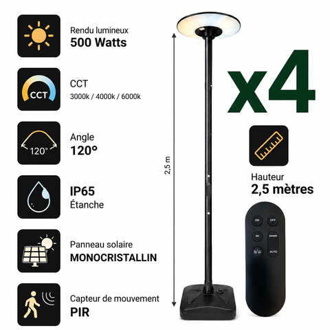 Pack de 4x Lampes de jardin et parking solaires - Série OVNI MOBILE - CCT - 500 Watts - 1800 Lumens - IP65 - Angle 120° - Lampe 45 x 11 cm -  Capteur de mouvement - Capteur crépusculaire - Avec Télécommande - Mât 2,5 mètres inclus