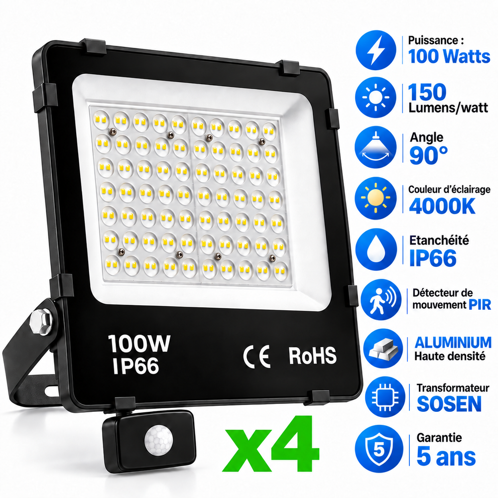 Pack de 4x Projecteurs LED filaires détecteurs - Série PAD ULTRA PIR - 100 Watts - 15 000 Lumens - 150 Lumens/Watt - Angle 90° - IP66 - 28 x 29 x 6 cm - Transformateur SOSEN - Structure en ALUMINIUM - 4000k - Garantie 5 ans