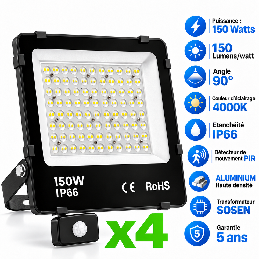Pack de 4x Projecteurs LED filaires détecteurs  - Série PAD ULTRA PIR - 150 Watts - 22 500 Lumens - 150 Lumens/Watt - Angle 90° - IP66 - 33 x 32 x 7 cm - Transformateur SOSEN - Structure en ALUMINIUM - 4000k - Garantie 5 ans