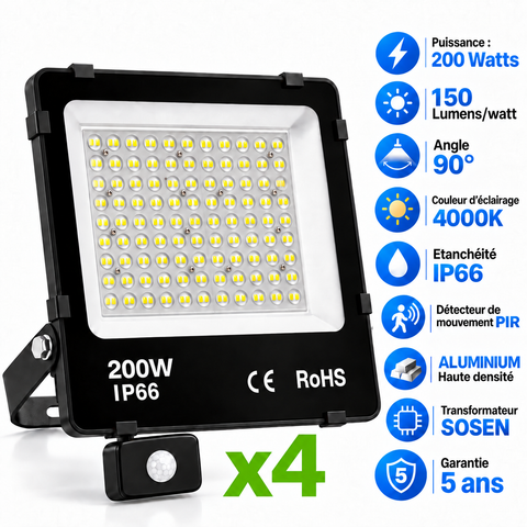 Pack de 4x Projecteurs LED filaires détecteurs  - Série PAD ULTRA PIR - 200 Watts - 30 000 Lumens - 150 Lumens/Watt - Angle 90° - IP66 - 36 x 35 x 7 cm - Transformateur SOSEN - Structure en ALUMINIUM - 4000k - Garantie 5 ans