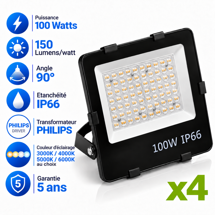 Pack de 4x Projecteurs LED Filaires - Série PAD V2 - 100 Watts - 15 000 Lumens - 150 Lumens/Watt - Angle 90° - IP66 - 29 x 28 x 5 cm - Transformateur Philips - 3000k/4000k/5000k/6000k au choix - Garantie 5 ans