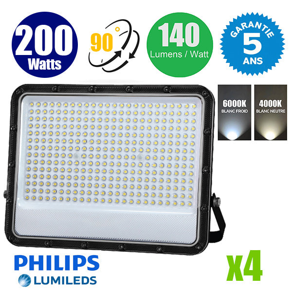 Pack de 4x Projecteurs LED filaires - Série PERLE V3 - 200 Watts - 28 000 Lumens - 140 Lumens/watt - Angle 90° - IP65 - 35 x 29 x 4 cm - Puce LED LUMILEDS - Câble 1 mètre - 6000k / 4000k au choix -  Garantie 5 ans
