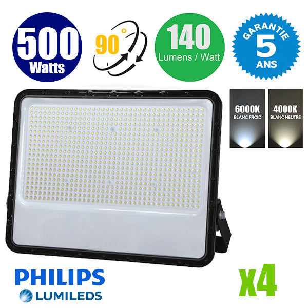 Pack de 4x Projecteurs LED filaires - Série PERLE V3 - 500 Watts - 70 000 Lumens - 140 Lumens/watt - Angle 90° - IP65 - 54 x 46 x 6 cm - Puce LED LUMILEDS - Câble 1 mètre - 6000k / 4000k au choix -  Garantie 5 ans