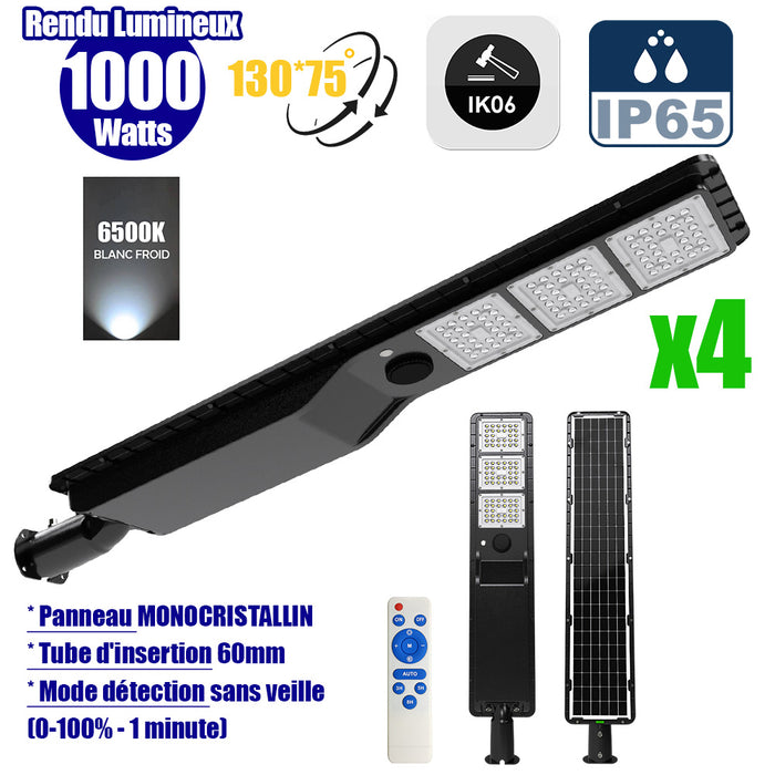 Pack de 4x Lampes de rue solaires - Série POWER EVO V2 - 1000 Watts - 3000 Lumens - IP65 - Angle 130x75° - 106 x 20 x 9 cm - Panneau MONOCRISTALLIN - Structure en ALUMINIUM - Mode détection sans veille (0-100% - 1 minute) - Télécommande - 6500k
