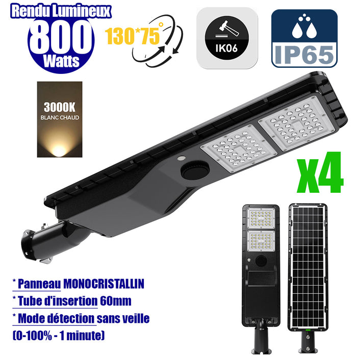 Pack de 4x Lampes de rue solaires - Série POWER EVO V2 - 800 Watts - 2200 Lumens - IP65 - Angle 130x75° - 75 x 20 x 9 cm - Panneau MONOCRISTALLIN - Structure en ALUMINIUM - Capteur de présence PIR - Mode détection sans veille (0-100% - 1 minute) - 3000K