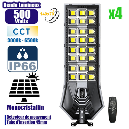 Pack de 4x Lampadaires solaires de rue / parking - Série POWER ULTRA V2 CCT (Couleur Changeante en Température) - 500 Watts - 2400 Lumens - Angle 140*70° - IP66 - 69 x 27 x 7 cm - Télécommande - Détecteur de mouvement - Tube d’insertion 45 mm