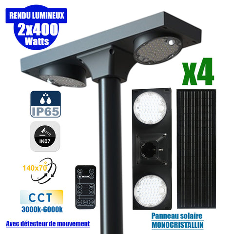 Pack de 4x Lampadaires solaires pour extérieur - CCT - Série OVNI SATELLITE V2 - 2 x 400 Watts - 4800 Lumens - Angle 140 x 70° - IP65 - IK07 - 61 x 20 x 13 cm - MONOCRISTALLIN - Tube d’insertion 60mm - Rotative à 350° - Détecteur de mouvement