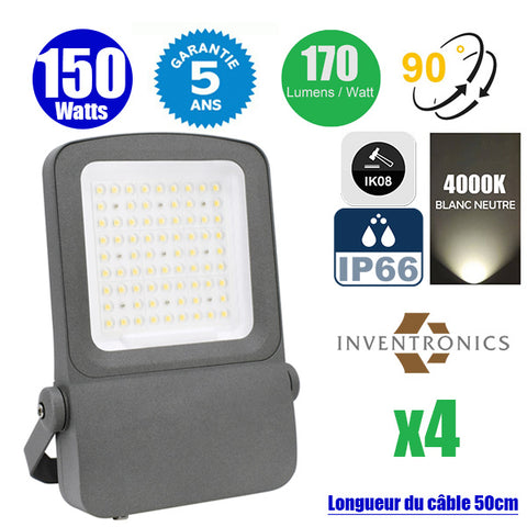 Pack de 4x Projecteurs LED filaires - Série ELITE V2 - 150 Watts - 25 500 Lumens - 170 Lumens/Watt - Angle 90° - IP66 - IK08 - 42 x 29 x 5 cm - 4000K - Couleur GRIS - Transformateur INVENTRONICS - Garantie 5 ans