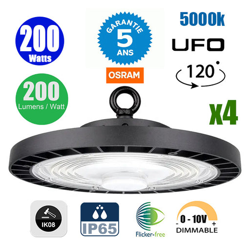 Pack de 4x Lampe industrielle UFO - Série SAPHIR V2 - Puissance 200 Watts - 40 000 Lumens - 200 Lumens/Watt - Angle 120° - IP65 - IK08 - 30 x 8 cm - Dimmable - Transformateur OSRAM - Flicker Free - 5000k - Garantie 5 ans