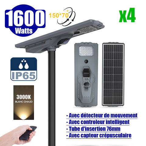 Pack de 4x Lampes de rue solaires - Série STARSHIP ULTRA 4500 - Rendu lumineux 1600 Watts - 4500 Lumens - Couleur 3000k - Angle 150x70° - IP65 - Structure aluminium - Dimensions 93 x 36 x 16 cm - Tube d'insertion 76mm - Contrôle intelligent - Capteur PIR