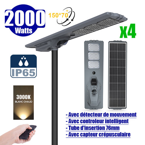 Pack de 4x Lampes de rue solaires - Série STARSHIP ULTRA 8500 - Rendu lumineux 2000 Watts - 8500 Lumens - Couleur 3000k - Angle 150x70° - IP65 - Structure aluminium - Dimensions 134 x 36 x 16 cm - Tube d'insertion 76mm - Contrôle intelligent - Capteur PIR