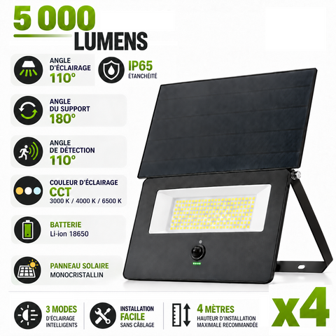 Pack de 4x Projecteurs LED solaires détecteurs - Série SOFT V3 - 5000 Lumens - CCT - IP65 - 33 x 23 x 6 cm  - Panneau solaire 32 x 18 cm - Avec détecteur de mouvement - Capteur crépusculaire - Télécommande - 3 Modes d'éclairage