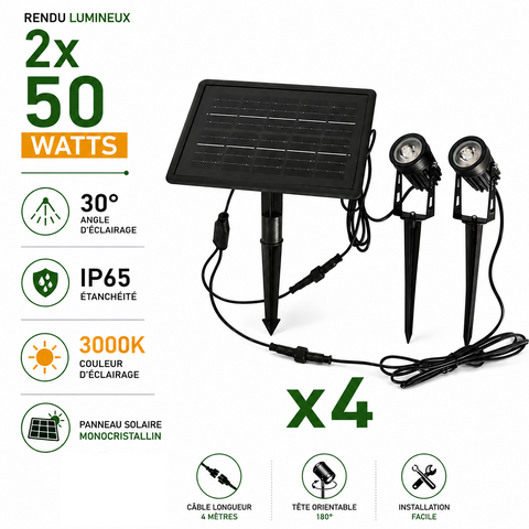 Pack de 4x Balises / Bornes LED Solaires à piquet - Série SPIKE - 2 x 50 Watts - 2x 130 Lumens - Angle 30° - IP65 - 3000K - 4 Modes - Cable 2x 2 mètres - Avec capteur crépusculaire - Panneau MONOCRISTALLIN